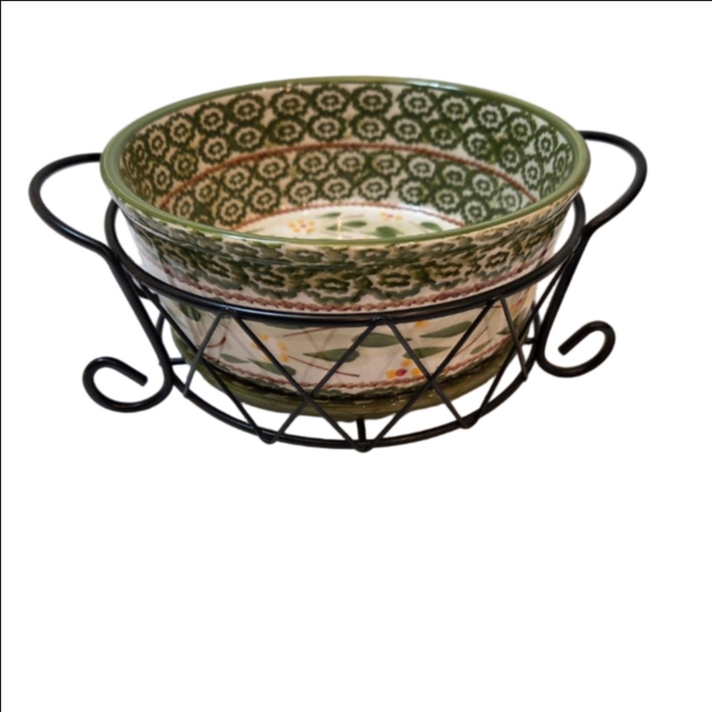 Temp-tations Old World Green Cream 1.5QT Serveware Bowl w/ Lid, Stand & trivet